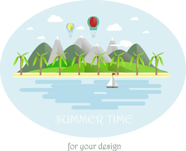 Hora de verano, paisaje montañoso gris y verde, playa amarilla, palmeras, cielo azul, mar, nube blanca. Diseño plano moderno — Archivo Imágenes Vectoriales