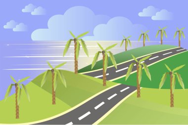 Yaz aylarında manzara. Yeşil tepeler, bir gri asfalt yol, mavi gökyüzü, bulutlar, deniz, palmiye ağaçları. Modern düz tasarım, tasarım öğesi, vektör