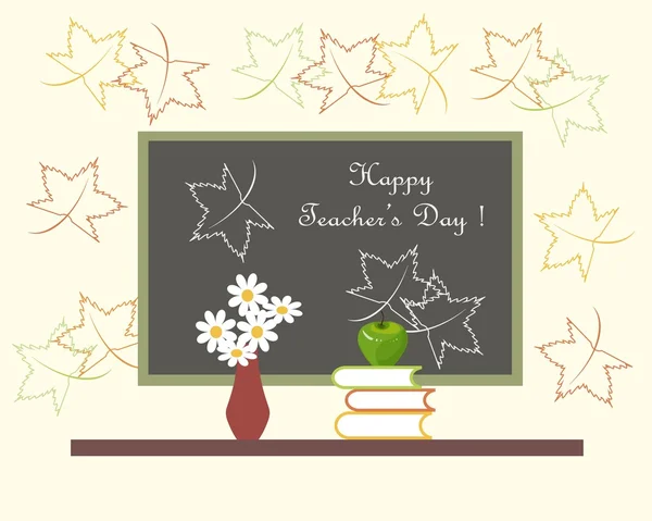 Dark grey blackboard with white lettering Happy Teachers Day, red vase with white flowers, green Apple on books. Light pink background with outlines of maple leaves — Stock Vector