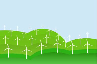 Beyaz yel değirmenleri yeşil alanları, mavi gökyüzü, peyzaj, arka plan, vektör