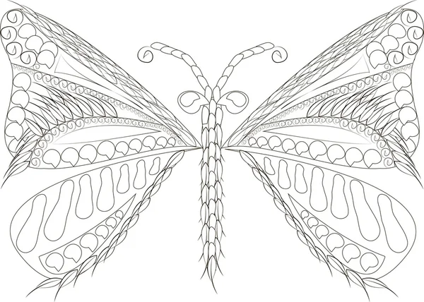 Zentangle kelebek siyah beyaz elle çizilmiş vektör çizim stilize — Stok Vektör