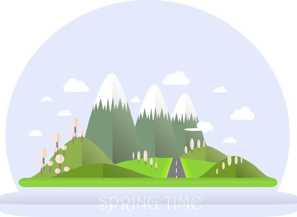 Série quatre saisons. Paysage de montagne, route au printemps. Design plat moderne, élément de design, vecteur — Image vectorielle