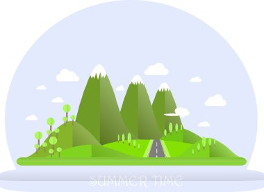 Serisi dört mevsim. Dağ manzarası, yaz aylarında yol. Modern düz tasarım, tasarım öğesi, vektör