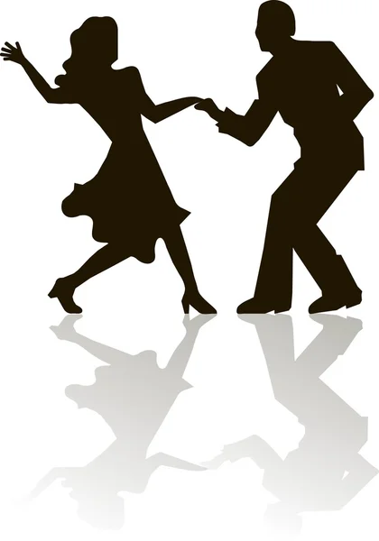 Black outlines figures of dancing man and women on white, grey shadow, swing, dancing, vector — Stock Vector