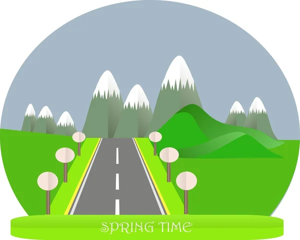 Serie cuatro temporadas. Paisaje de montaña, camino en primavera. Diseño plano moderno, elemento de diseño, vector — Vector de stock