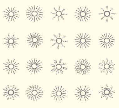 Güneş hat Ikons kümesi. Açık pembe renkli, vektör çizim üzerinde ince gri çizgi