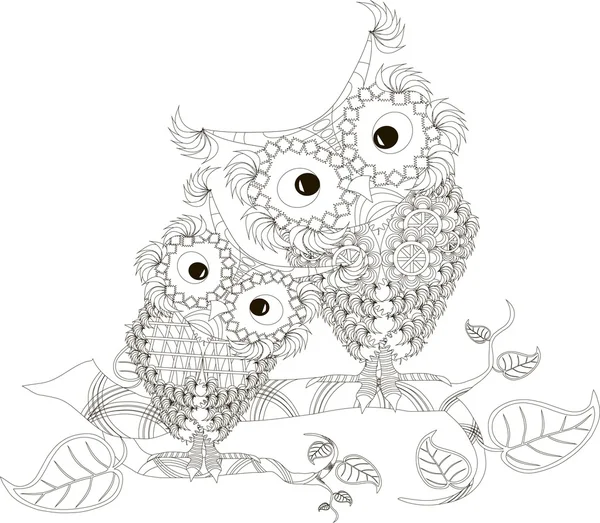 Ağaç dalları üzerinde oturan stilize Zentangle siyah beyaz iki baykuş el çekilmiş, vektör çizim