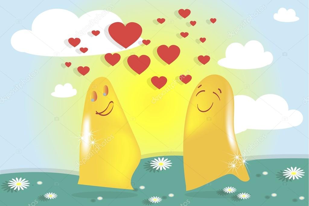 Falling In Love Ghosts Cute Monsters Solar Landscape Green Meadows Sky White Clouds Daisies Yellow Sun Red Heart Valentine S Day Wedding Vector Stock Vector C Katimus Ukr Net 109023624