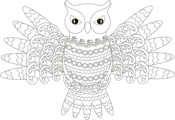 Búho volador blanco y negro, zentangle vector ilustración — Vector de stock