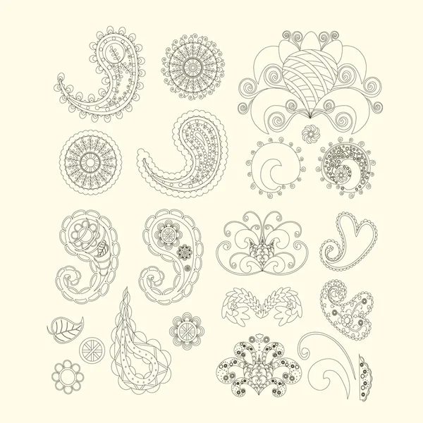Σύνολο χαριτωμένο μοτίβο paisley (τουρκική αγγούρι) για σχεδιασμό υφασμάτων, επιτραπέζια σκεύη, ταπετσαρία, απομονωμένη, διάνυσμα — Διανυσματικό Αρχείο