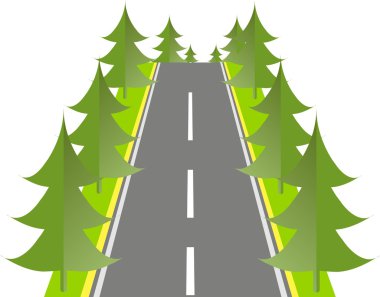 Gri yol kenarına vektör çizim üzerinde yeşil çam ile