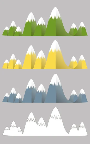 Colinas azuis, verdes, brancas, amarelas com picos brancos em cinza, elementos de design, design plano, vetor — Vetor de Stock