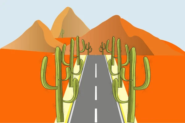Grijze wegnaar groene cactussen op de wegen in oranje woestijn, vectorillustratie — Stockvector