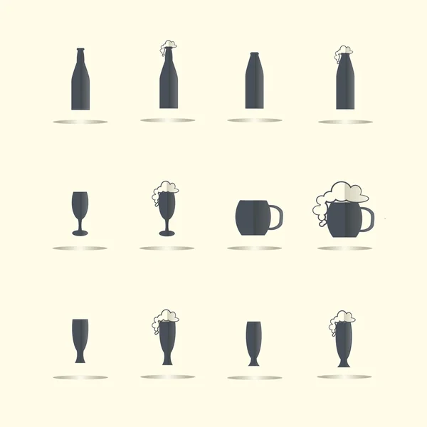 Flache Symbole für Bier und Most. dunkelblaues Glas und Flasche mit grauen Schatten auf hellrosa, Vektorillustration — Stockvektor
