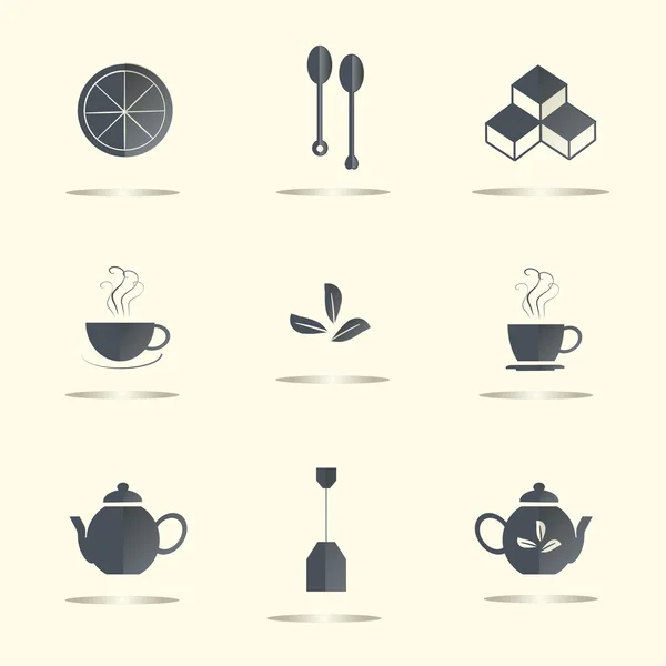 Iconos planos de té, marcas azules oscuras sobre fondo claro, sombra. rodajas de limón, hojas de té, terrones de azúcar, un par de tazas, cucharas, teteras, bolsa de té, vector — Vector de stock