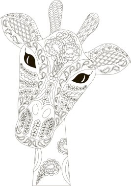 Zentangle zürafa siyah beyaz elle çizilmiş vektör çizim stilize
