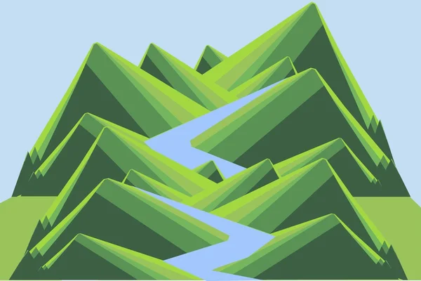 Berglandschaft mit Fluss. grüne Hügel, blauer Fluss und Himmel. modernes flaches Design, Designelement, Vektor — Stockvektor