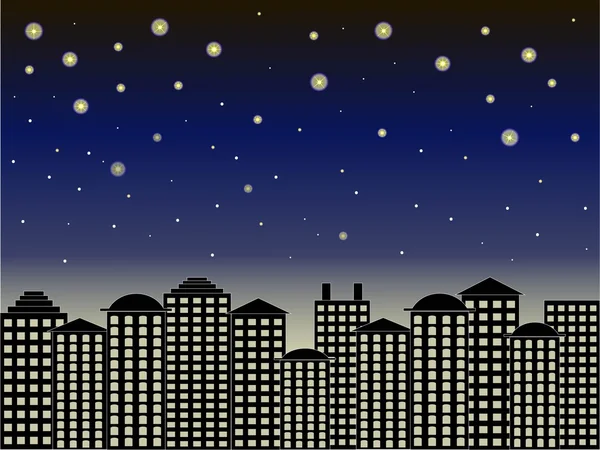 城市系列的背景。黑色的建筑物，暗蓝的天空，繁星满天的夜晚，矢量图 — 图库矢量图片