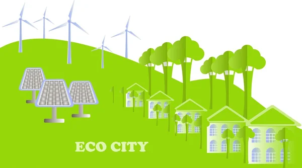 Eco serie. Eco stad achtergrond. Witte gebouwen, groene boom, heuvels, windmolens, zonnepanelen op wit, vectorillustratie — Stockvector