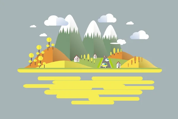 Automne, vert, gris, jaune, paysage de montagne orange, voitures sur la route. Design plat moderne, élément de design, vecteur — Image vectorielle
