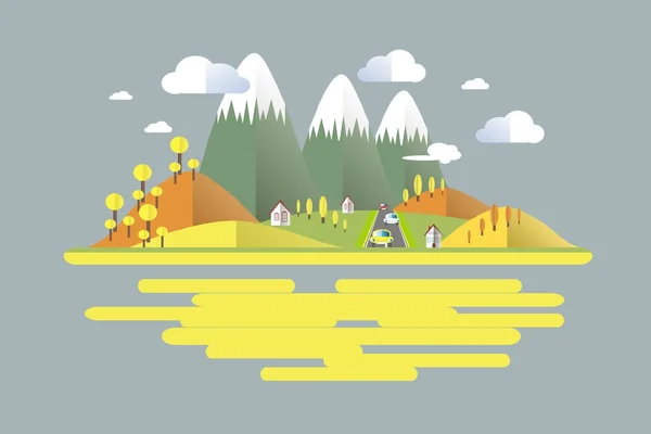 Herfst tijd, groen, grijs, geel, Oranjeberg landschap, auto's op de weg. Modern plat ontwerp, design element, Vector — Stockvector