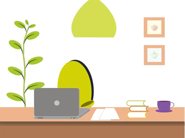 Lugar de trabajo, portátil gris en el escritorio marrón, silla verde, lámpara de araña, olla, taza violeta, ilustración de vectores en blanco — Vector de stock