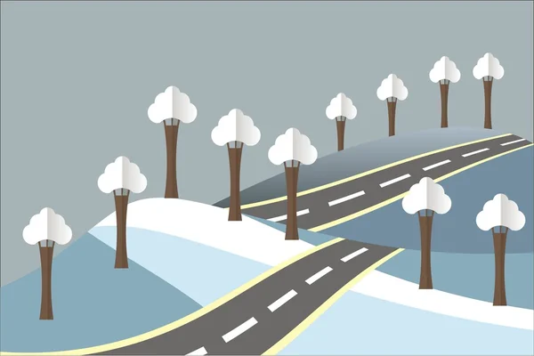 Landschap in de winter. Blauwe en witte heuvels, een grijze asfalt weg, blauwe lucht, bomen. Modern plat ontwerp, design element, Vector — Stockvector