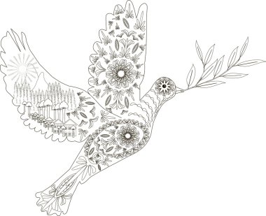Zentangle barış siyah beyaz elle çizilmiş stilize güvercini, vektör