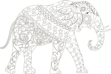 Anti stres, stilize siyah beyaz el çekilmiş fil illüstrasyon vektör