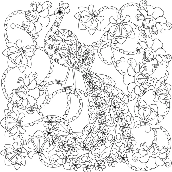 Gestileerde zwart-wit hand getekende paradijs vogel in de bloementuin — Stockvector