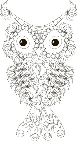 Stylized black and white owl with folded wings, hand drawn, vector illustration — Stock Vector