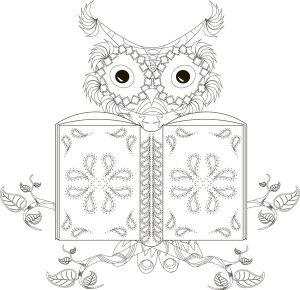 Búho estilizado de lectura en blanco y negro, dibujado a mano, ilustración vectorial — Vector de stock