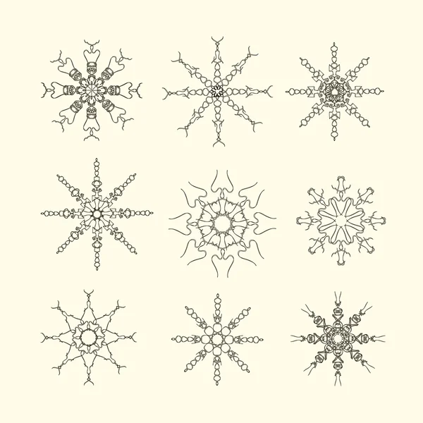 Conjunto de iconos de línea de copos de nieve, bocetos en blanco y negro en rosa claro, ilustración vectorial — Vector de stock