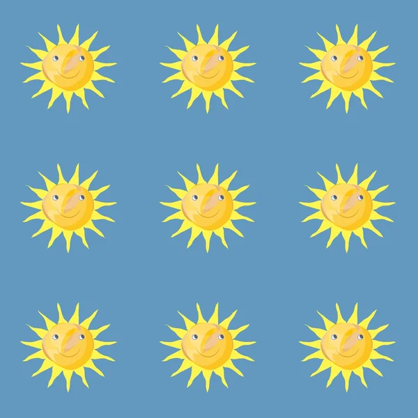 Бесшовная текстура желтые улыбающиеся мультфильмы солнца на голубой, векторные иллюстрации — стоковый вектор