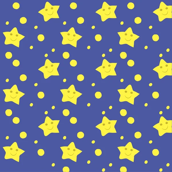 Textura inconsútil amarillo caricaturas sonrientes estrellas en azul, vector de ilustración — Vector de stock