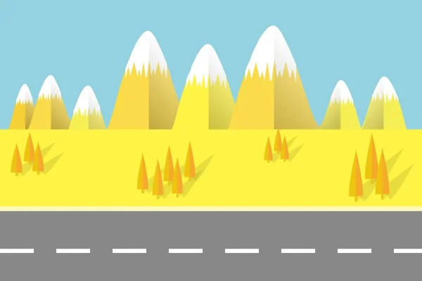 Montanha amarela e estrada cinzenta, árvores de cor laranja, design plano, ilustração vetorial —  Vetores de Stock
