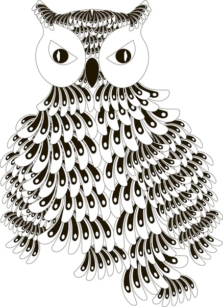 Búho blanco y negro estilizado con alas plegadas, dibujado a mano, ilustración vectorial — Archivo Imágenes Vectoriales
