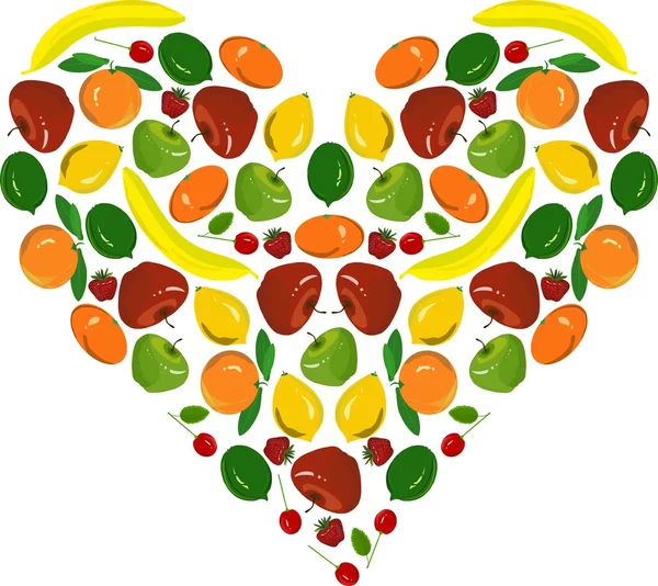 Pintura coração de frutas, bananas amarelas, limões, maçãs vermelhas, carinho, morango, limas verdes em branco, ilustração vetorial —  Vetores de Stock