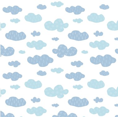 Şirin el çekilmiş kesintisiz mavi bulutlar desen beyaz, vektör çizim