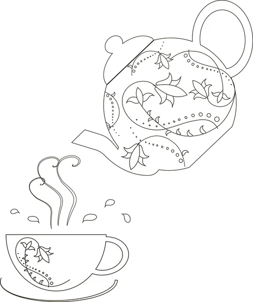 Preto contornos cap e estão derramando de panela de chá com ornamento floral desenhado à mão em branco, ilustração vetorial — Vetor de Stock
