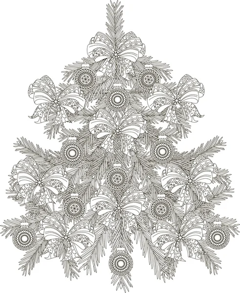 Hand getrokken schets van zwart-wit kerstboom, vectorillustratie — Stockvector