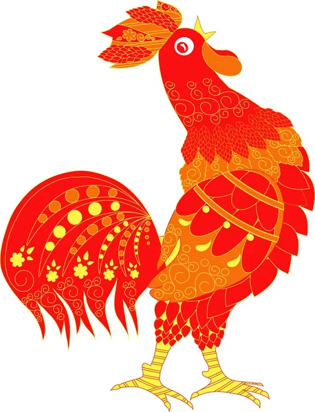 Rode tekenfilms rooster met ornamenten, Haan kraai hand verdrinken vectorillustratie — Stockvector