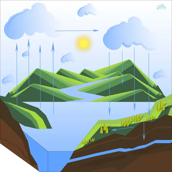 Esquema del ciclo del agua en la naturaleza, planos diseño vector ilustración — Vector de stock