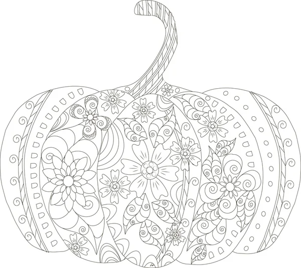 Esquisse de citrouille, ligne fine ornement noir sur blanc, coloriage anti stress, illustration vectorielle — Image vectorielle
