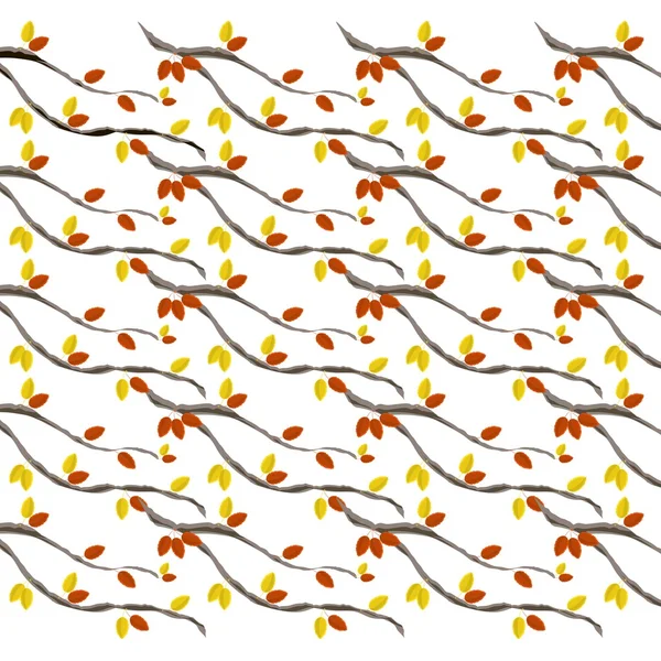 Bezproblémové podzimní Malování vzor větev stromu s žluté a oranžové lístečky na bílé, vektorové ilustrace — Stockový vektor