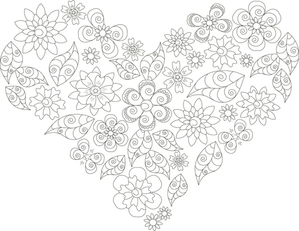Forma do coração, flor fina linha preta e folhas doodle, ilustração vetor —  Vetores de Stock