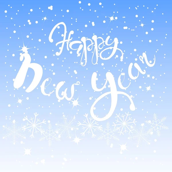 Mutlu yeni yıl yazı mavi gökyüzü arka plan, beyaz kar-pul, vektör çizim üzerinde beyaz — Stok Vektör