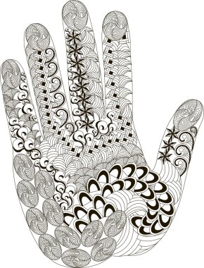 Zentangl palm, ince siyah çizgi üzerinde beyaz, boyama sayfa stres, vektör çizim