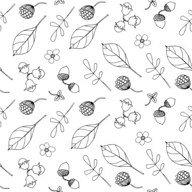 Taslak, beyaz, pürüzsüz arka planda fındık bırakır. Kumaş baskısı için bitkisel sonsuz desen, duvar kağıdı için, ağ için, baskı sanatı tasarımı için, web için monokrom vektör çizimi için,