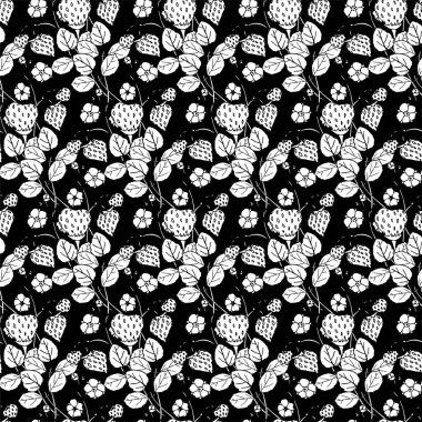 Siyah, pürüzsüz arka planda çilek. Kumaş baskısı için bitkisel bitkisel desen, duvar kağıdı için, ağ için, baskı sanatı için monokrom vektör çizimi için, baskı için